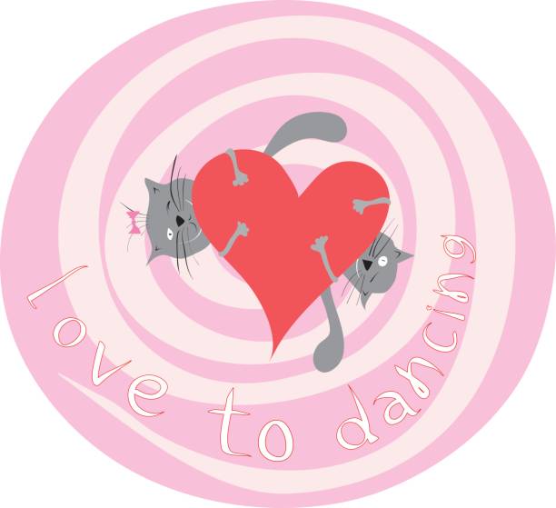 holiday Valentine Day couple of happy cats dancing together arms around heart symbol top view dizzying stock illustrations
