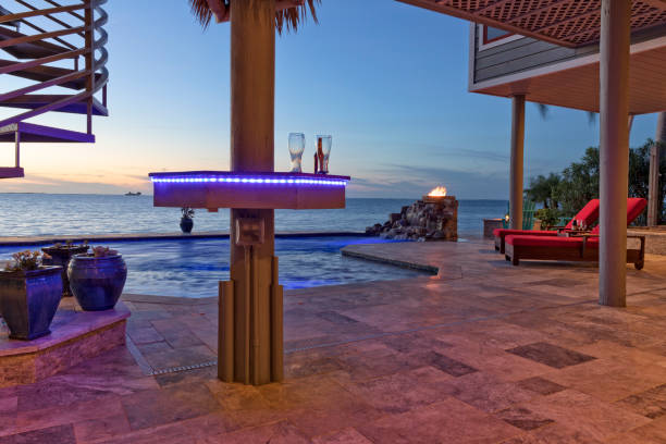 istock Beautiful Evening by the Swimming Pool in Tropical Setting 653890650