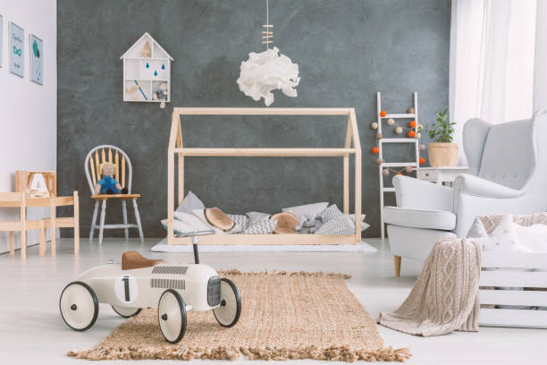 baby room in stile scandinavo - bedroom accessories foto e immagini stock