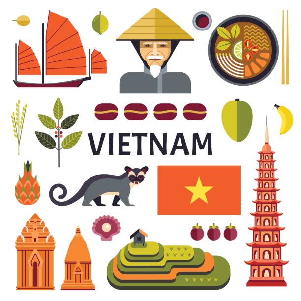 Vietnam icons collection. Vector icons collection of Vietnamese culture, food and nature, including Portrait of Vietnamese, soup fo, Cham towers and rice fields in trendy flat style. vietnam stock illustrations