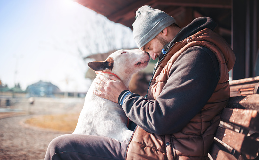 Momentos de amor entre el perro y su dueño. Concepto de animales y mascotas photo