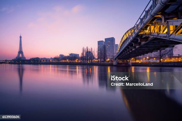 Cityscape Of Paris With The Eiffel Tower During The Blue Hour Before Sunrise The Rouelle Bridge Is On The Right Stock Photo - Download Image Now