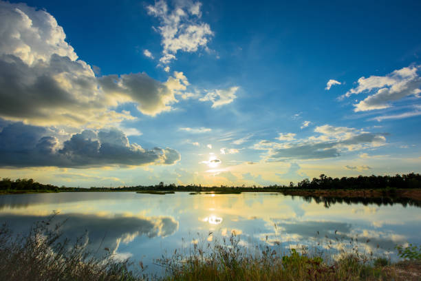 Beautiful sunset landscape with lake and blue sky