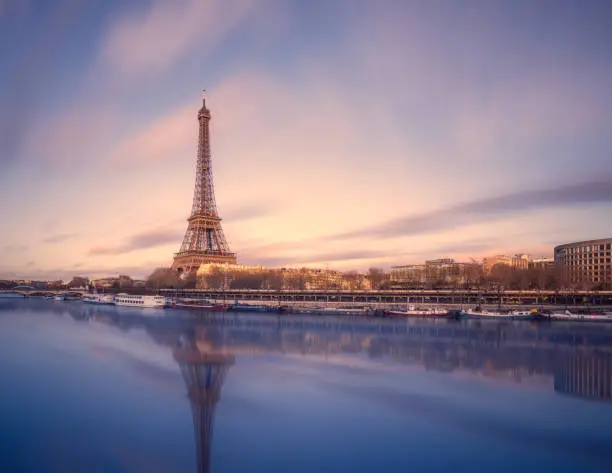 Long exposure view of the Eiffel Tower and the Seine river at Sunset, Paris