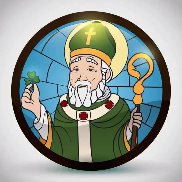 Vector illustration of Round Button like Stained Glass with Saint Patrick's Image