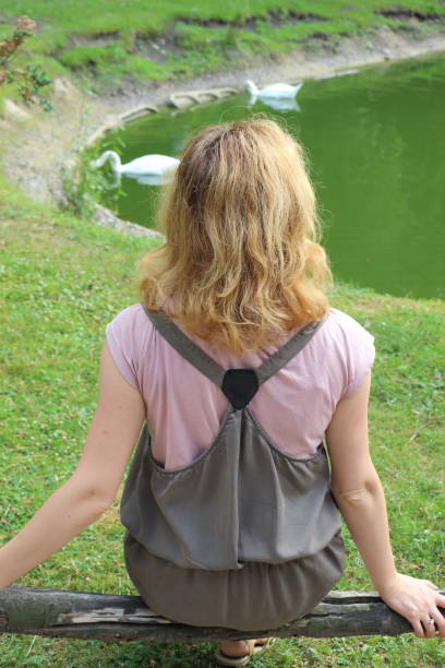 istock Woman on front of pond with swans. 653904446