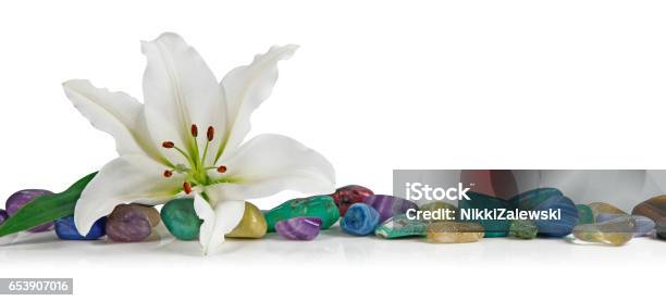 White Lily And Healing Crystals Stock Photo - Download Image Now - Crystal Healing, Crystal, Chakra