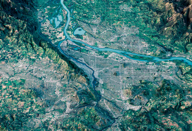 Portland 3D Render Satellite View Topographic Map Horizontal 3D Render of a Topographic Map of Portland, Oregon, USA. Contains modified Copernicus Sentinel data (April 08, 2016) courtesy of ESA. Relief texture NED data courtesy of USGS, The National Map. URL of source images:  land feature stock pictures, royalty-free photos & images
