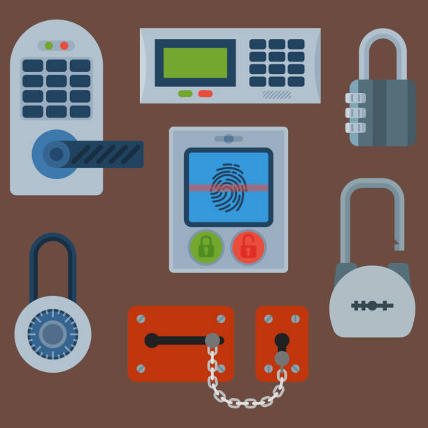 istock Different house door lock icons set vector safety password privacy element with key and padlock, protection security keyhole vector illustration 653917406