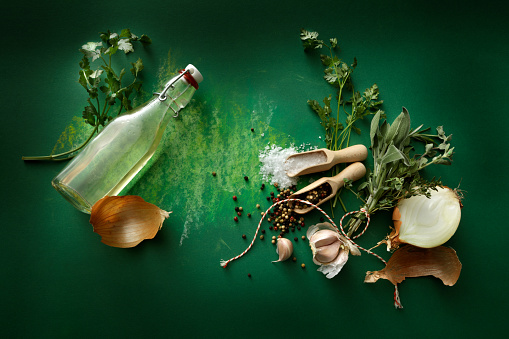 Seasoning: Herbs, Olive Oil, Garlic, Onion, Salt and Pepper Still Life
