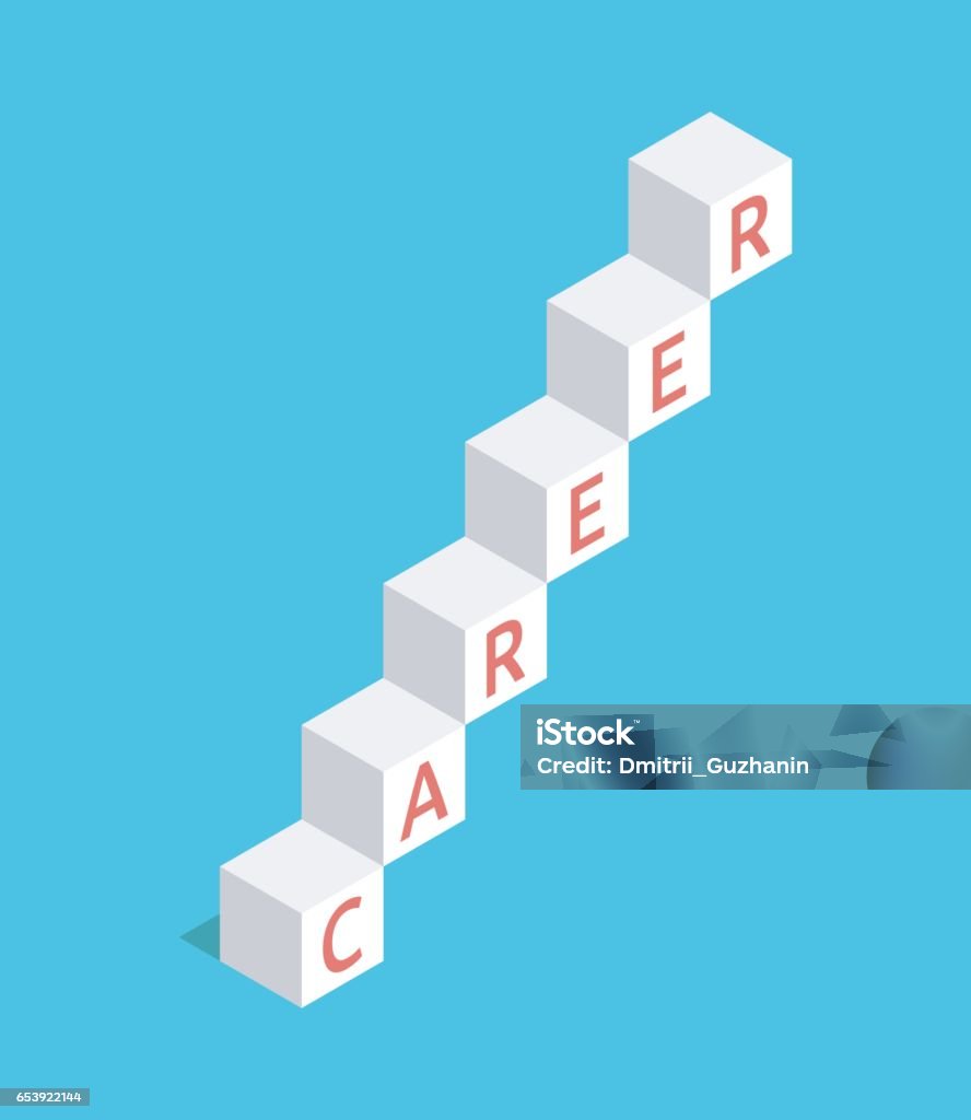 Career ladder of cubes Isometric career ladder of white cubes with text on turquoise blue background. Work, achievement and success concept. Flat design. No transparency, no gradients Ladder of Success stock vector