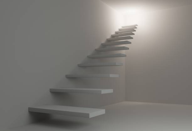 istock Simple white stair from floor to light with walls 3D illustration 653927678