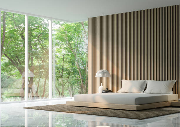 istock Modern peaceful Bedroom in the forest 3D Rendering Image 653928230