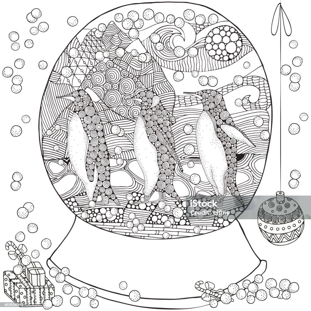 Snowball. Family of Emperor Penguin Snowball. Family of Emperor Penguin on the snow in Antarctica. Coloring book page for adult and children in vector. Doodle style. Tangle patterns. Black and white animals. Winter coloring Adult stock vector