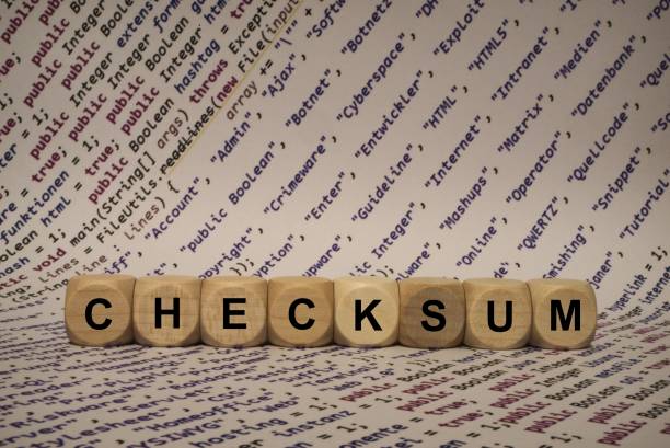 checksum - cube with letters and words from the computer, software, internet categories, wooden cubes