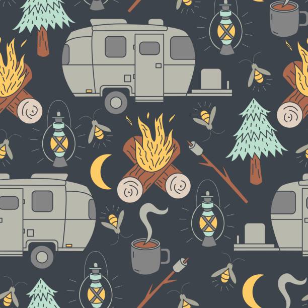 Airstream Camping Pattern A seamless pattern of Airstream travel trailers and camping elements including campfires, roasting marshmallows, coffee, lanterns, fireflies, trees and moons. camping patterns stock illustrations