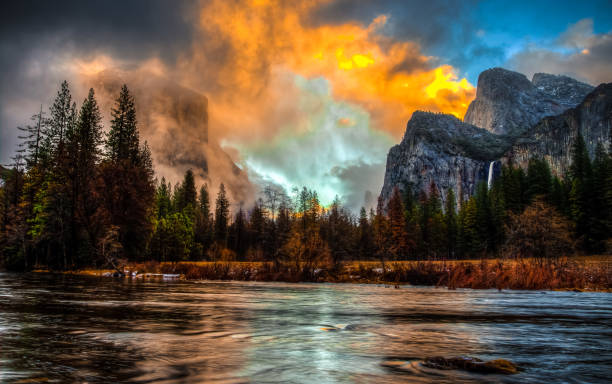 Brilliant Sunset on Yosemite Valley View stock photo