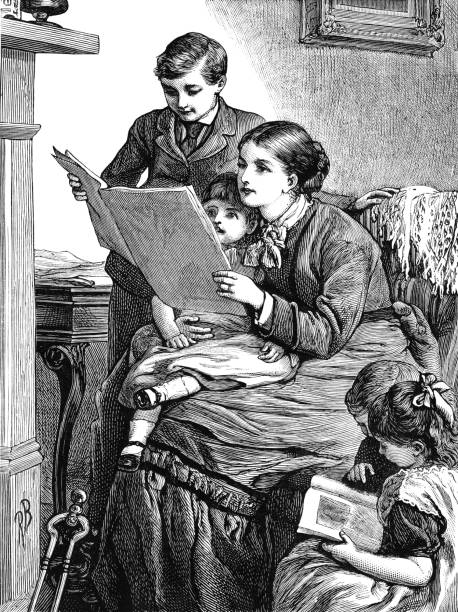 викторианская мать и дети читают вместе - newspaper reading mother women stock illustrations