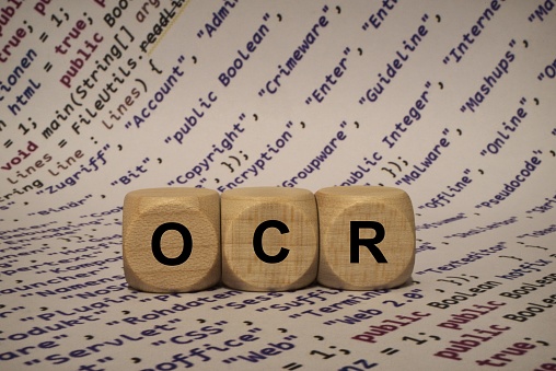 OCR - cubo con letras y palabras de la computadora, software, categorías de internet, cubos de madera photo