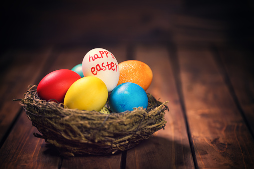 Colorful Easter eggs in a nest on the old wooden background