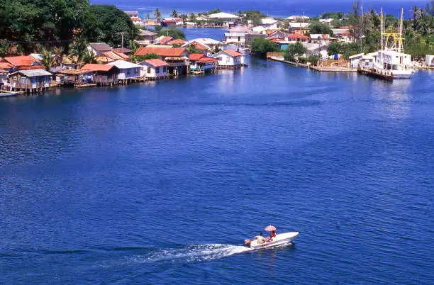 Town of Oakridge and waterways in Santos Guardiola Roatan Bay Islands Honduras