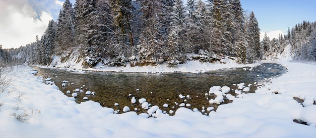 panorama scene with ice and snow at river Ammer in Bavaria, Germany