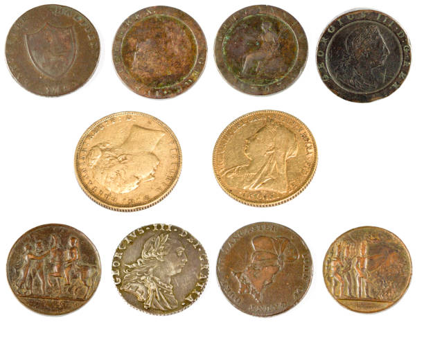 Old Coins and Sovereigns stock photo
