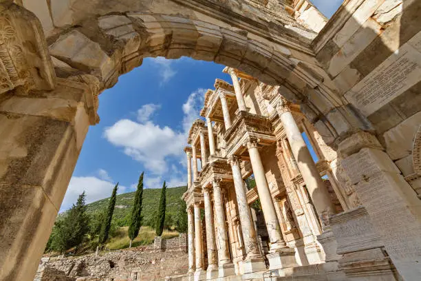 Roman library of Celsus in the ruins of Ephesus, Turkey.