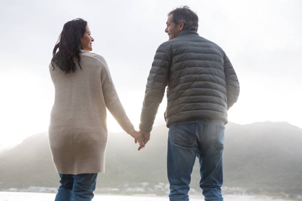 istock Rear view of couple holding hands on beach 653950444