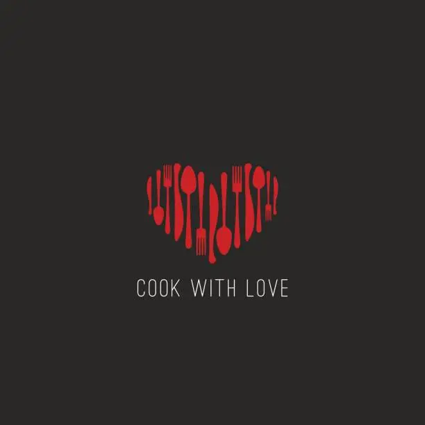 Vector illustration of Menu logo restaurant tableware fork, spoon, knife heart shape cafe emblem, cookbook cover background mockup