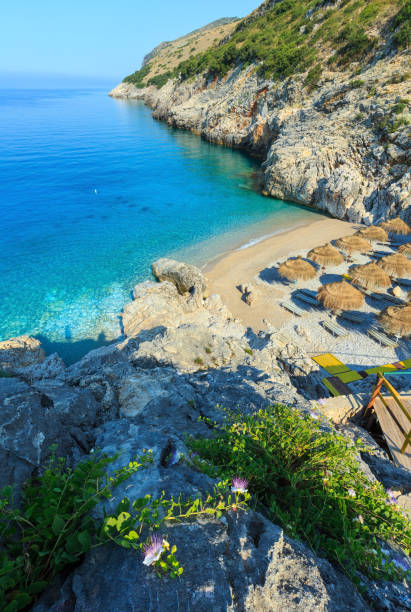 Summer Ionian sea coast, Albania. Morning summer  Ionian sea coast top view with beach, Albania albania stock pictures, royalty-free photos & images
