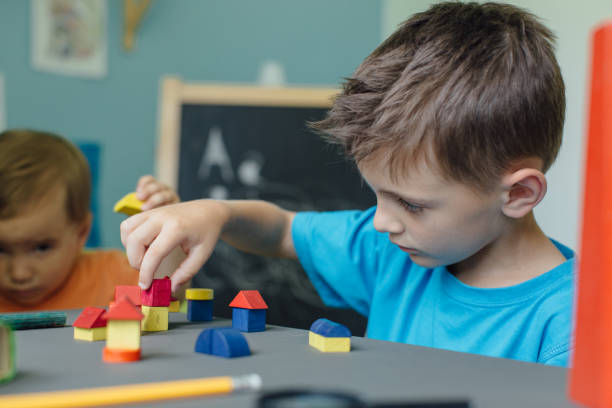 istock Two brothers playing with wooden blocks 653962976