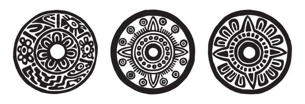 ancient maya circle flowers Ancient maya circle flowers, black and white background of a aztec sun tattoo designs stock illustrations
