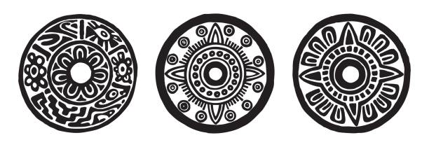 ancient maya circle flowers Ancient maya circle flowers, black and white tribals tattoos stock illustrations