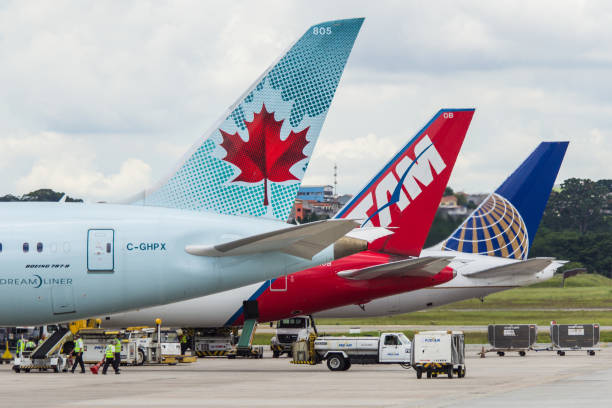 alinhem-se de três caudas de aeronaves ou estabilizador vertical air canadá tam linhas aereas e united airlines em gru aeroporto internacional de são paulo brasil - boeing 787 air vehicle airplane - fotografias e filmes do acervo