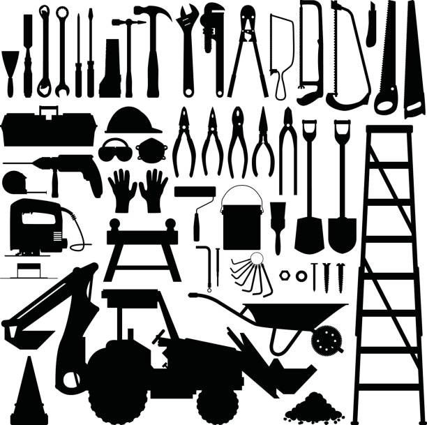Construction Tools and Equipment Silhouette Vector A big set of construction tool industry in silhouette vector. pipe silhouettes stock illustrations