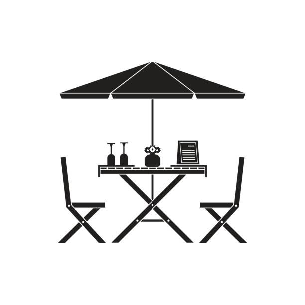 ilustrações de stock, clip art, desenhos animados e ícones de outdoor table and chairs in outline design - restaurant wine table table for two