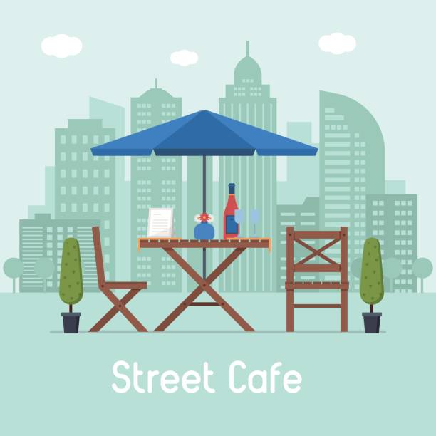 кафе на открытом воздухе со столом и сиденьями - meeting food nature foods and drinks stock illustrations