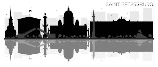 Vector illustration of Saint Petersburg City skyline black and white silhouette with reflections.