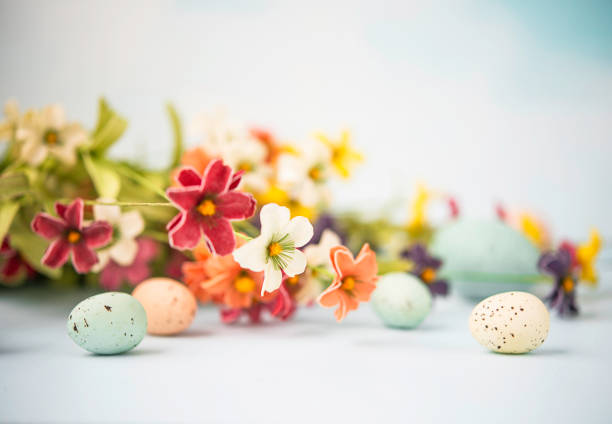 Selective focus of white eggs on rustic nest and colorful feathers with yellow flowers as decoration of wooden table.