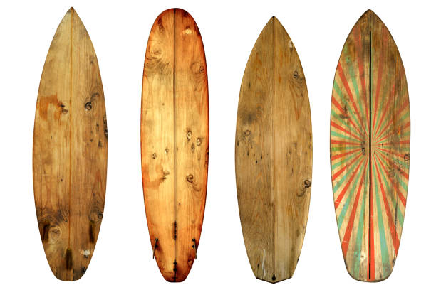 vintage surfboards Vintage surfboard isolated on white - Retro styles 60's surfboard fin stock pictures, royalty-free photos & images