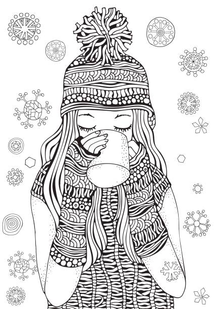 Winter girl and gifts Winter girl and gifts Winter snowflakes. Adult Coloring book page. Hand-drawn vector illustration. Pattern for coloring book. A4 size coloring book page for adult and children. frozen coloring pages stock illustrations