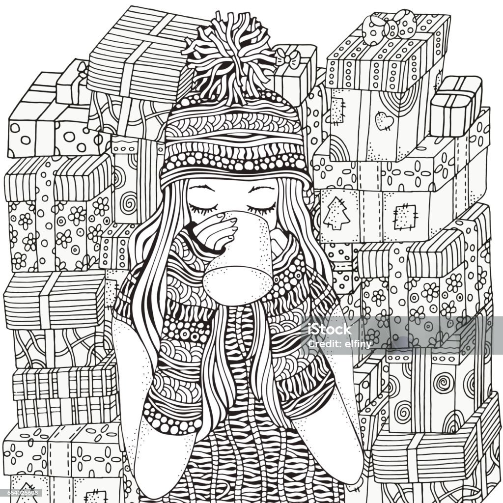 Winter girl and gifts Winter girl and gifts Winter snowflakes. Adult Coloring book page. Hand-drawn vector illustration. Pattern for coloring book.  A4 size coloring book page for adult and children. Art stock vector