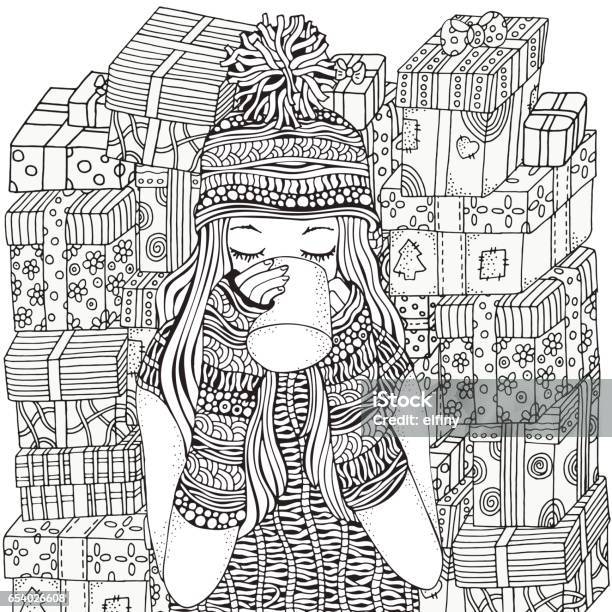 Winter Girl And Gifts Stock Illustration - Download Image Now - Art, Backgrounds, Black Color
