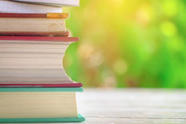 istock Group of books in wooden table 654026814