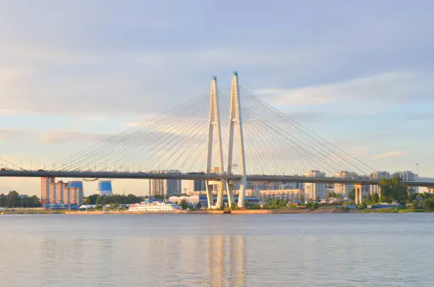 Photo of Cable stayed bridge and Neva river.