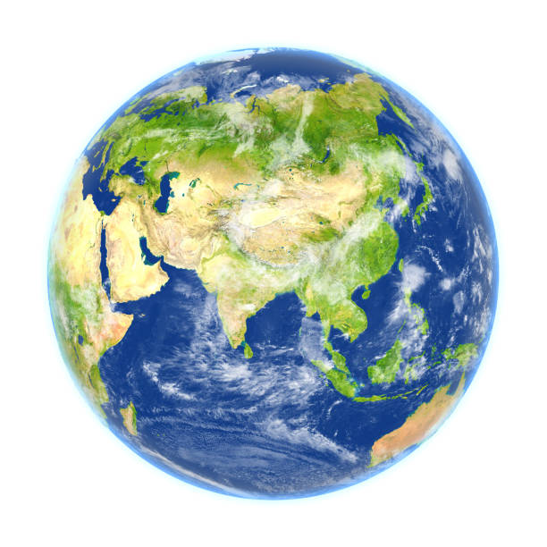 Asia on planet Earth. 3D illustration with detailed planet surface isolated on white background. 3D model of planet created and rendered in Cheetah3D software, 11 Mar 2017. Some layers of planet surface use textures furnished by NASA, Blue Marble collection: http://visibleearth.nasa.gov/view_cat.php?categoryID=1484