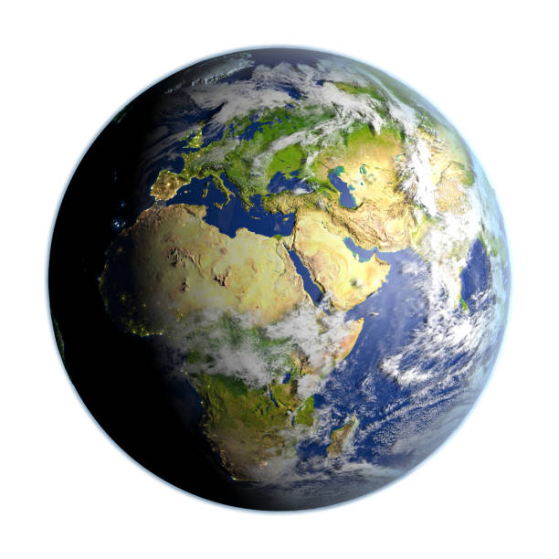 EMEA region on planet Earth. 3D illustration with detailed planet surface isolated on white background. 3D model of planet created and rendered in Cheetah3D software, 11 Mar 2017. Some layers of planet surface use textures furnished by NASA, Blue Marble collection: http://visibleearth.nasa.gov/view_cat.php?categoryID=1484