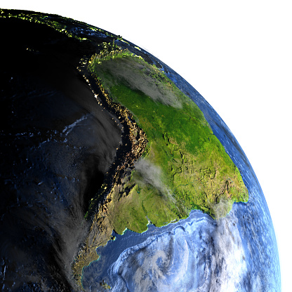 South America on 3D model of Earth. 3D illustration with plastic planet surface and ocean floor at night and visible city lights. 3D model of planet created and rendered in Cheetah3D software, 9 Mar 2017. Some layers of planet surface use textures furnished by NASA, Blue Marble collection: http://visibleearth.nasa.gov/view_cat.php?categoryID=1484