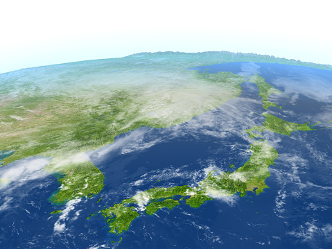 Japan and Koreas. 3D illustration with detailed planet surface. 3D model of planet created and rendered in Cheetah3D software, 9 Mar 2017. Some layers of planet surface use textures furnished by NASA, Blue Marble collection: http://visibleearth.nasa.gov/view_cat.php?categoryID=1484